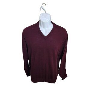 Club Room Sweater, Men L, Solid Burgandy, V-Neck, Merino Wool Blend, EUC